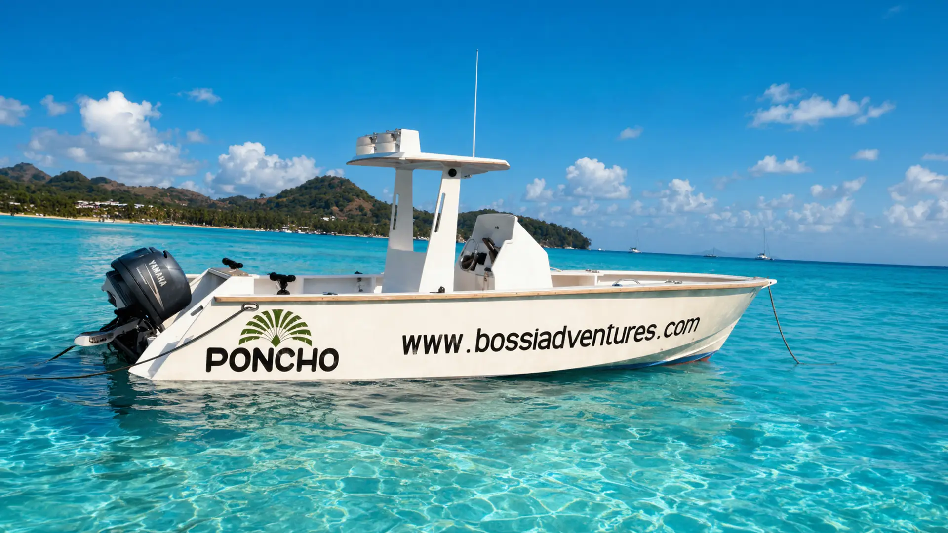 White motorboat named Poncho with Yamaha engine floating on clear turquoise water near a green island.